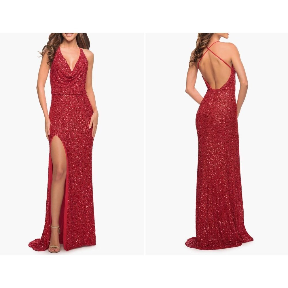 Prom Dress La Femme Size 10 Sequin Gown draped bodice side slit Red Prom Pageant